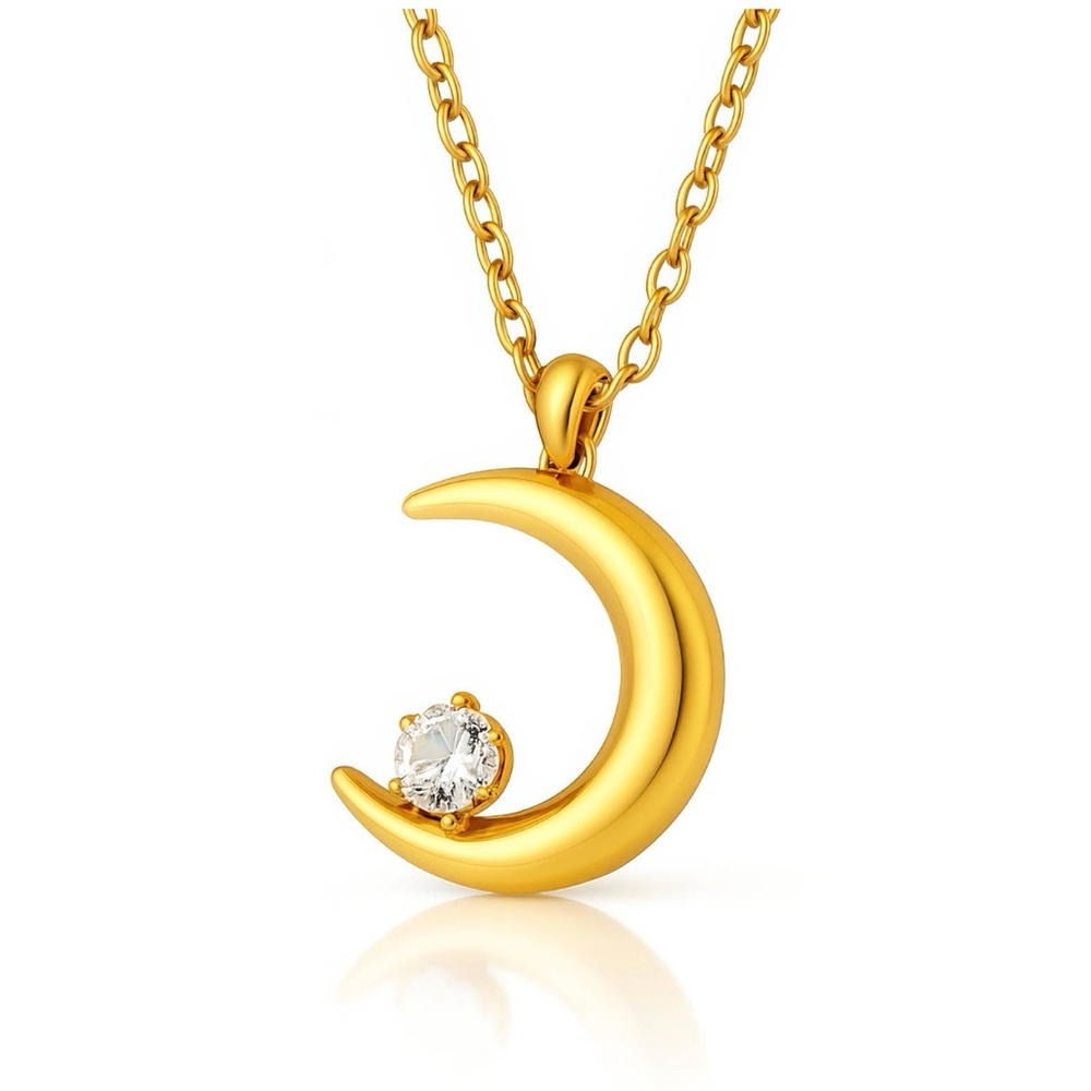 Gold 18K Plated Crescent Moon Necklace with Clear Stone -NWT